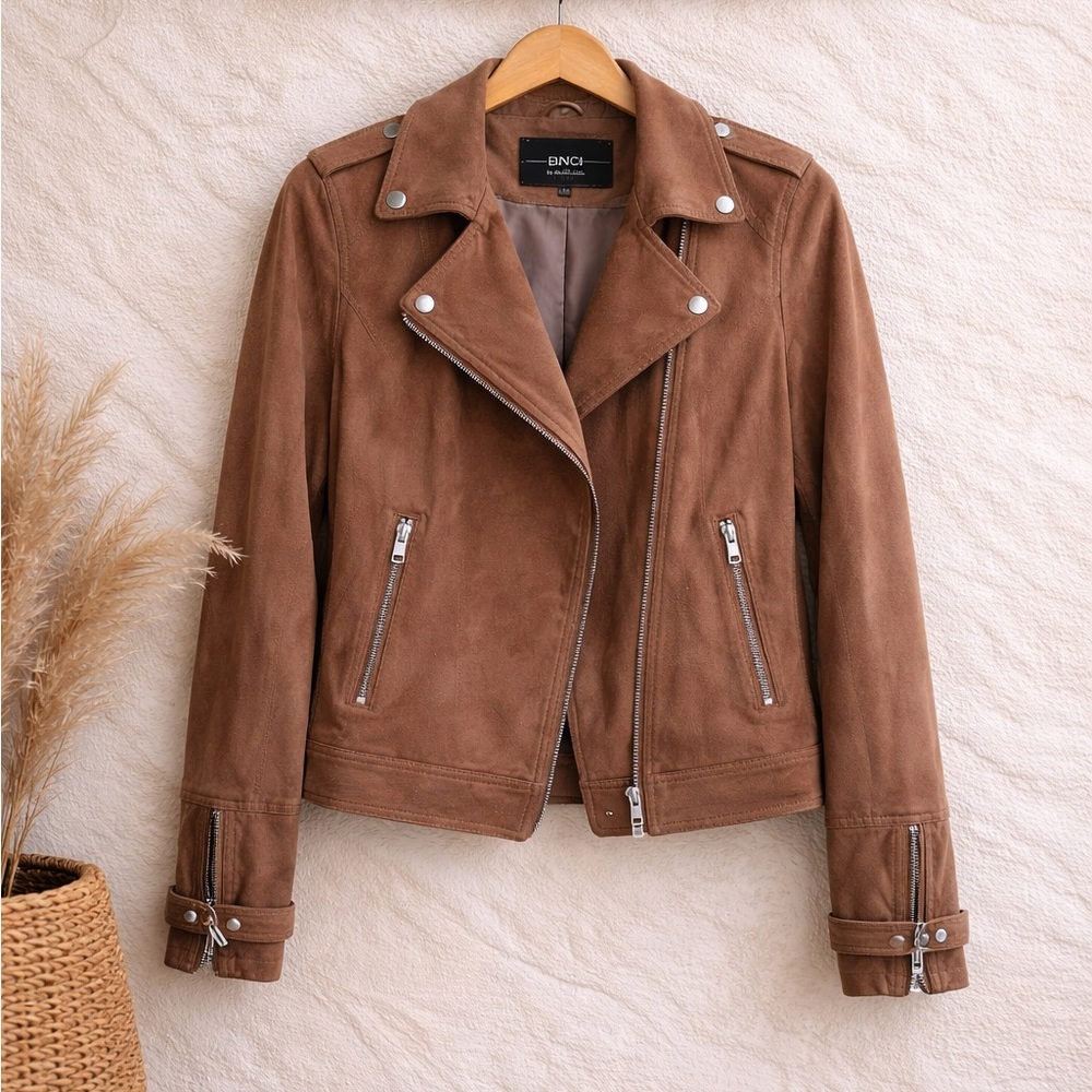 BNCI by Blanc Noir Faux Suede Moto Jacket | Brown Zip Up Biker Jacket